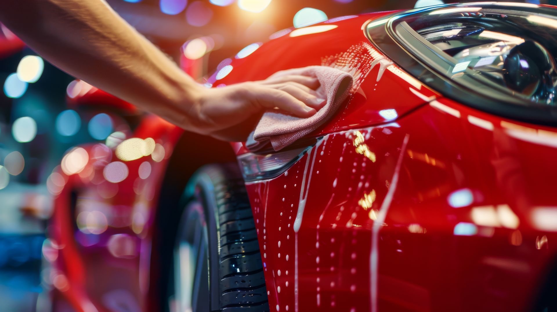 A person is cleaning a red car with a cloth.