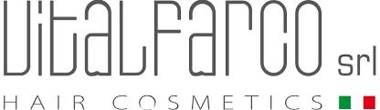 Logo di VitaleFaro srl, azienda di cosmetici per capelli, in grigio e nero con piccoli colori della bandiera italiana.
