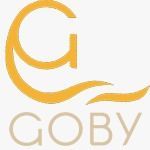 Logo "G" dorato sopra la scritta "GOBY" in grigio chiaro su sfondo bianco.