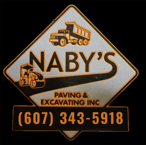 Naby&rsquo;s Paving & Excavating sign with dump truck, excavator and phone number (607) 343-5918