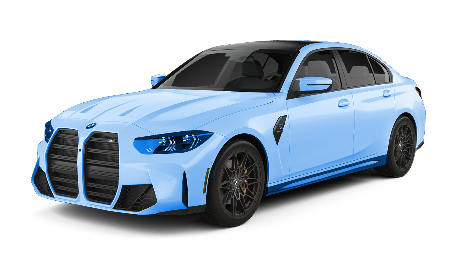 Light blue BMW M3 sedan with black accents.