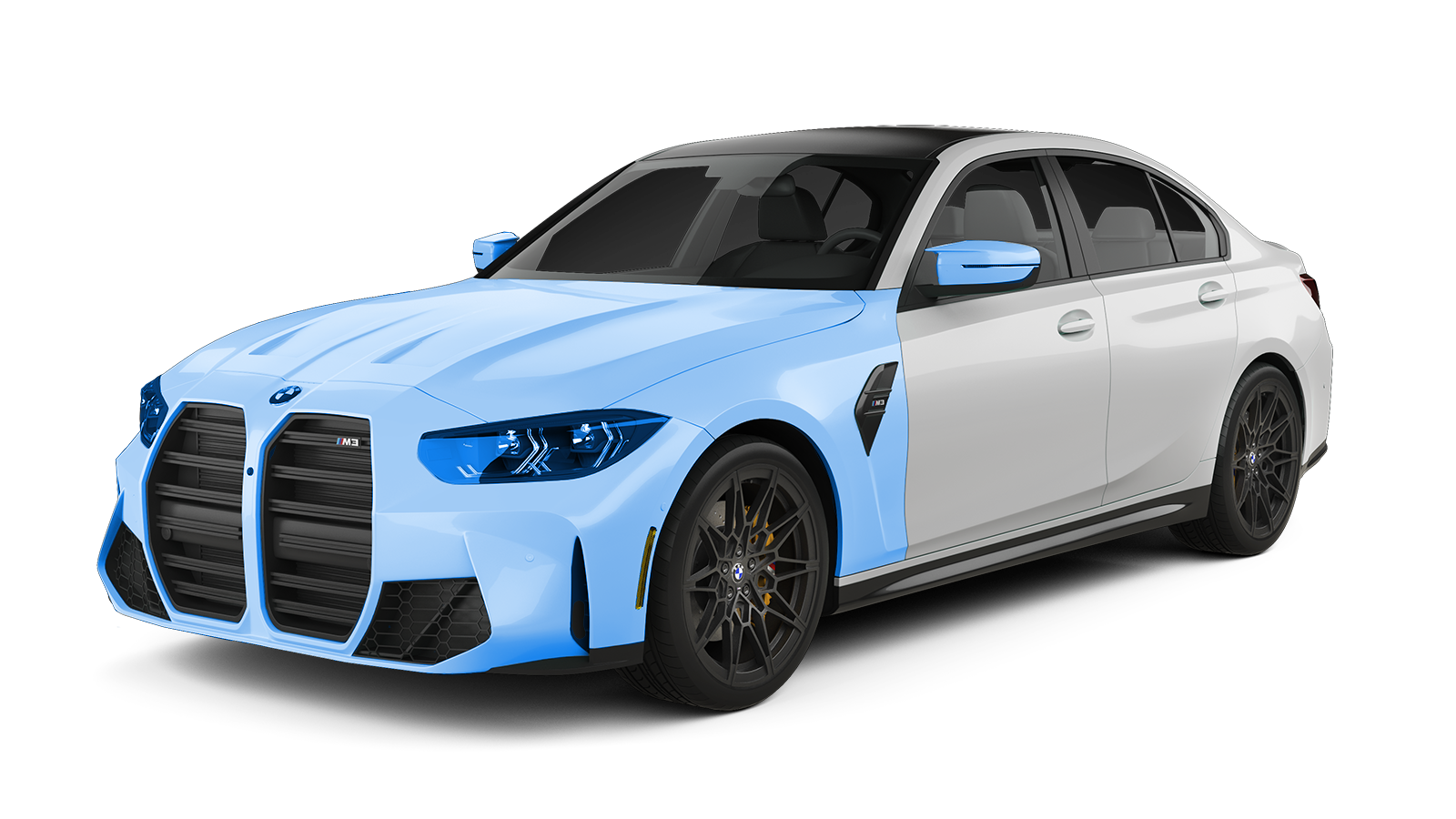 Blue and white BMW sedan with black accents, front end in blue, black wheels.