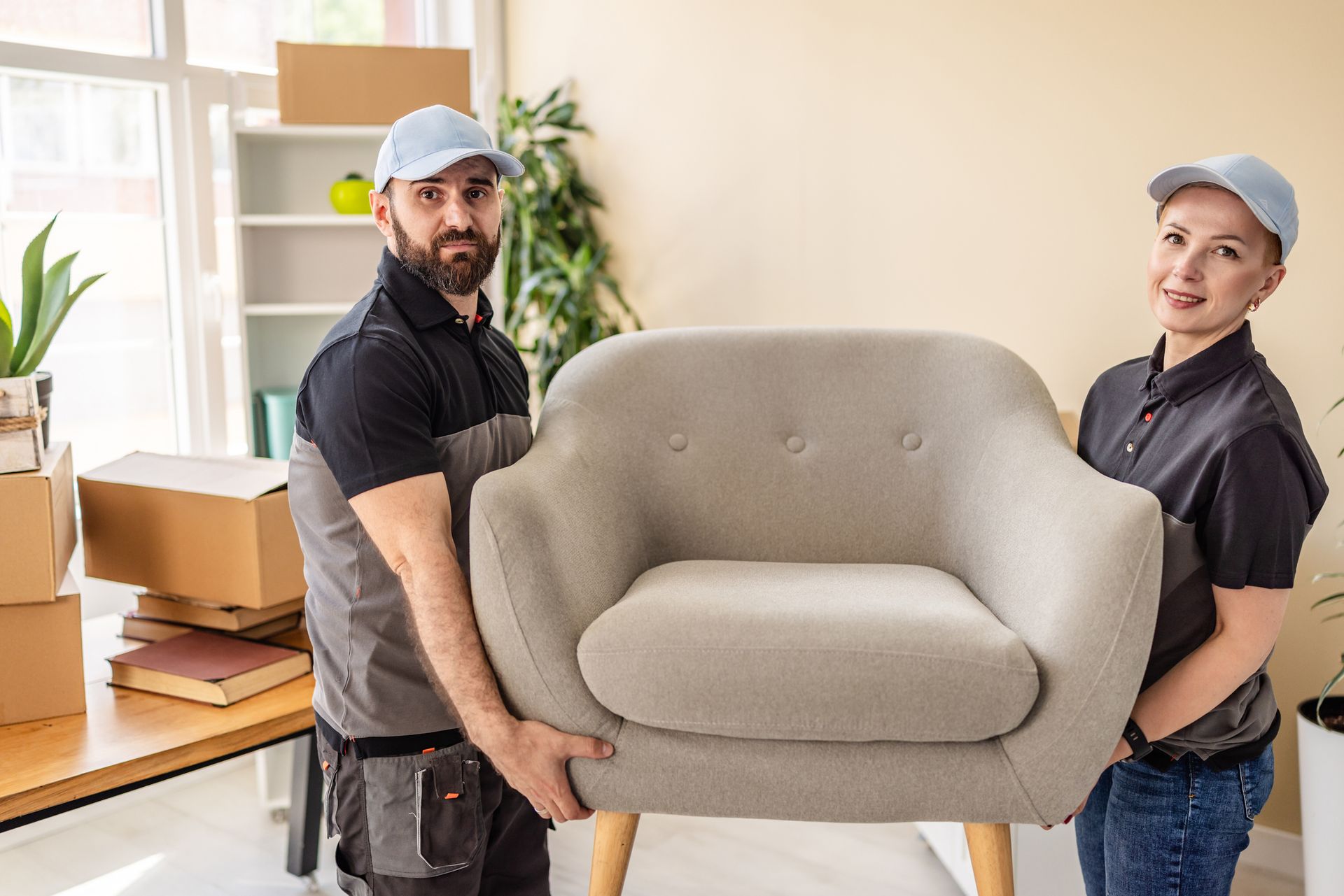 Two movers carrying armchair