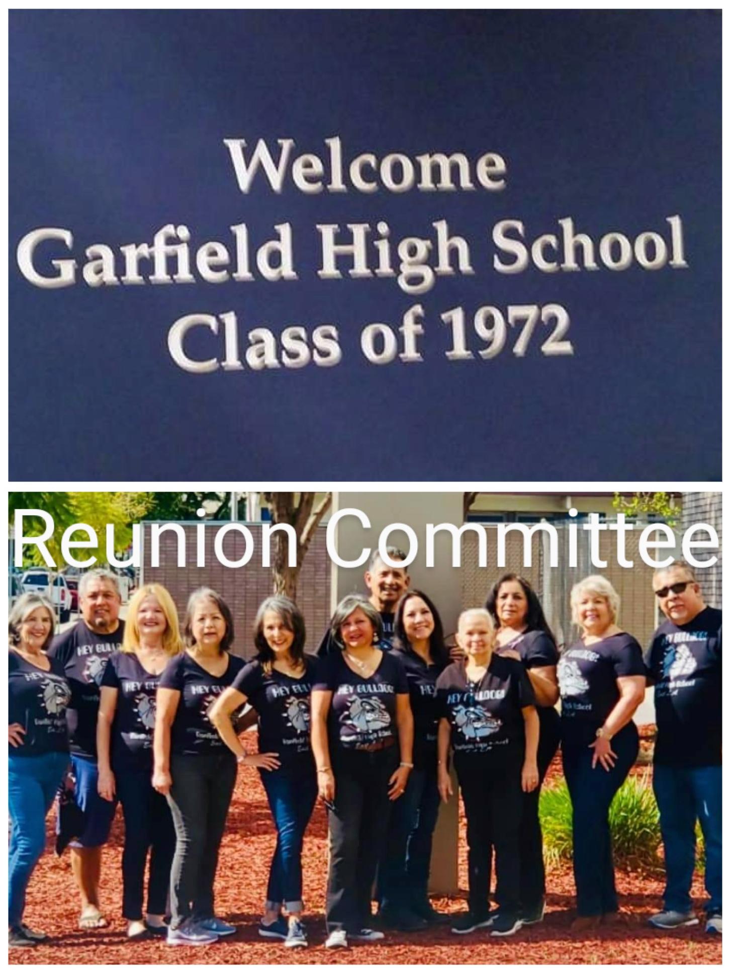 A group of people standing in front of a sign that says welcome garfield high school class of 1972 reunion committee