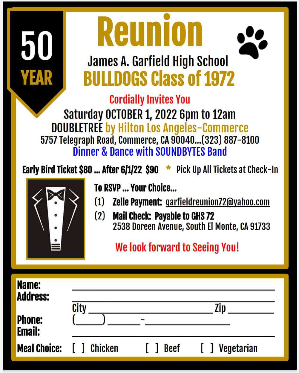 A 50 year reunion invitation for james a garfield high school bulldogs class of 1972