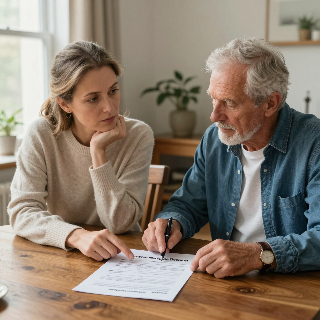 Two people reviewing paperwork at a wooden table in a bright home interior