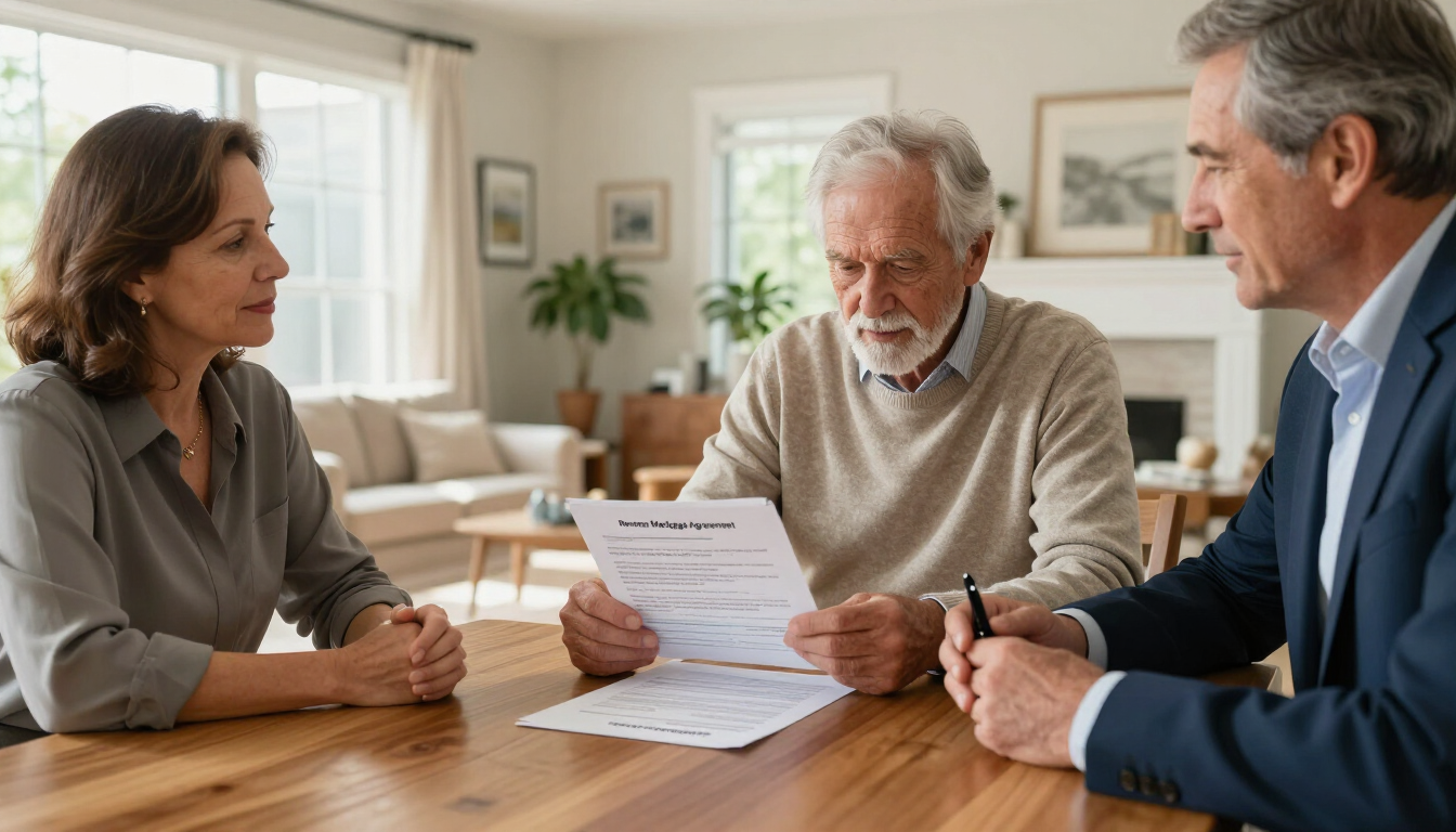 Three people in a bright office review documents across a table
