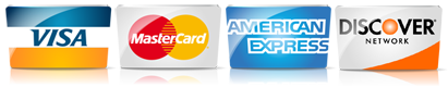 Logos for Visa, Mastercard, American Express, and Discover credit cards.