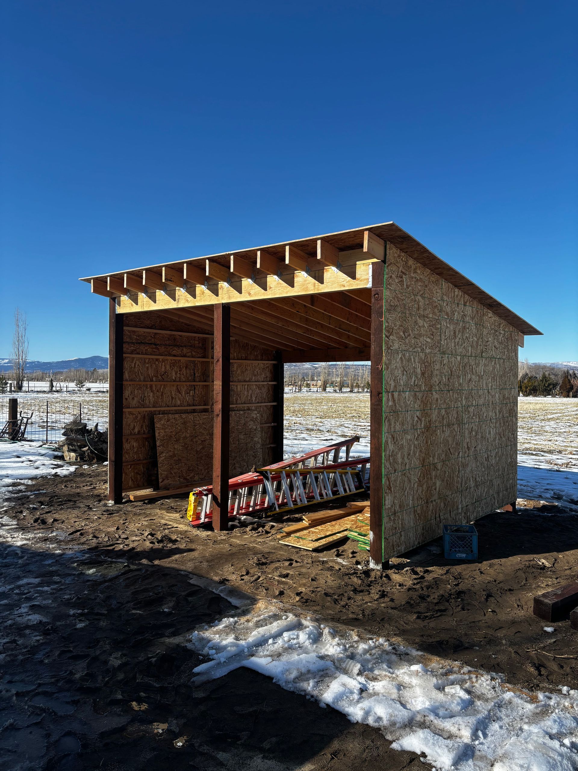 Unfinished shed with exposed wood frame, on a snowy field, with tools inside. Clear blue sky.