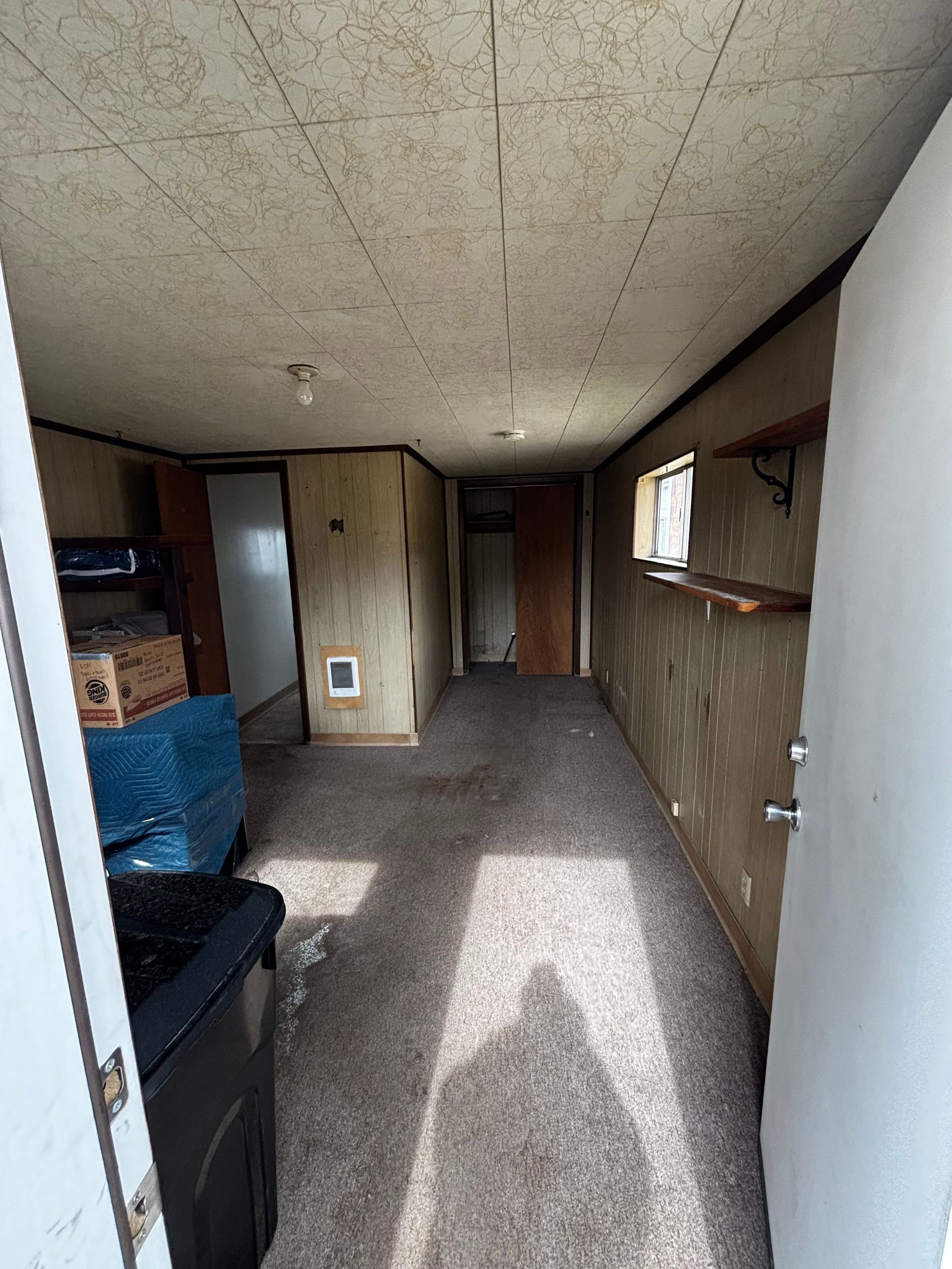 Narrow room with worn carpet, panel walls, and multiple doors. Light streams in from a window, casting a shadow.