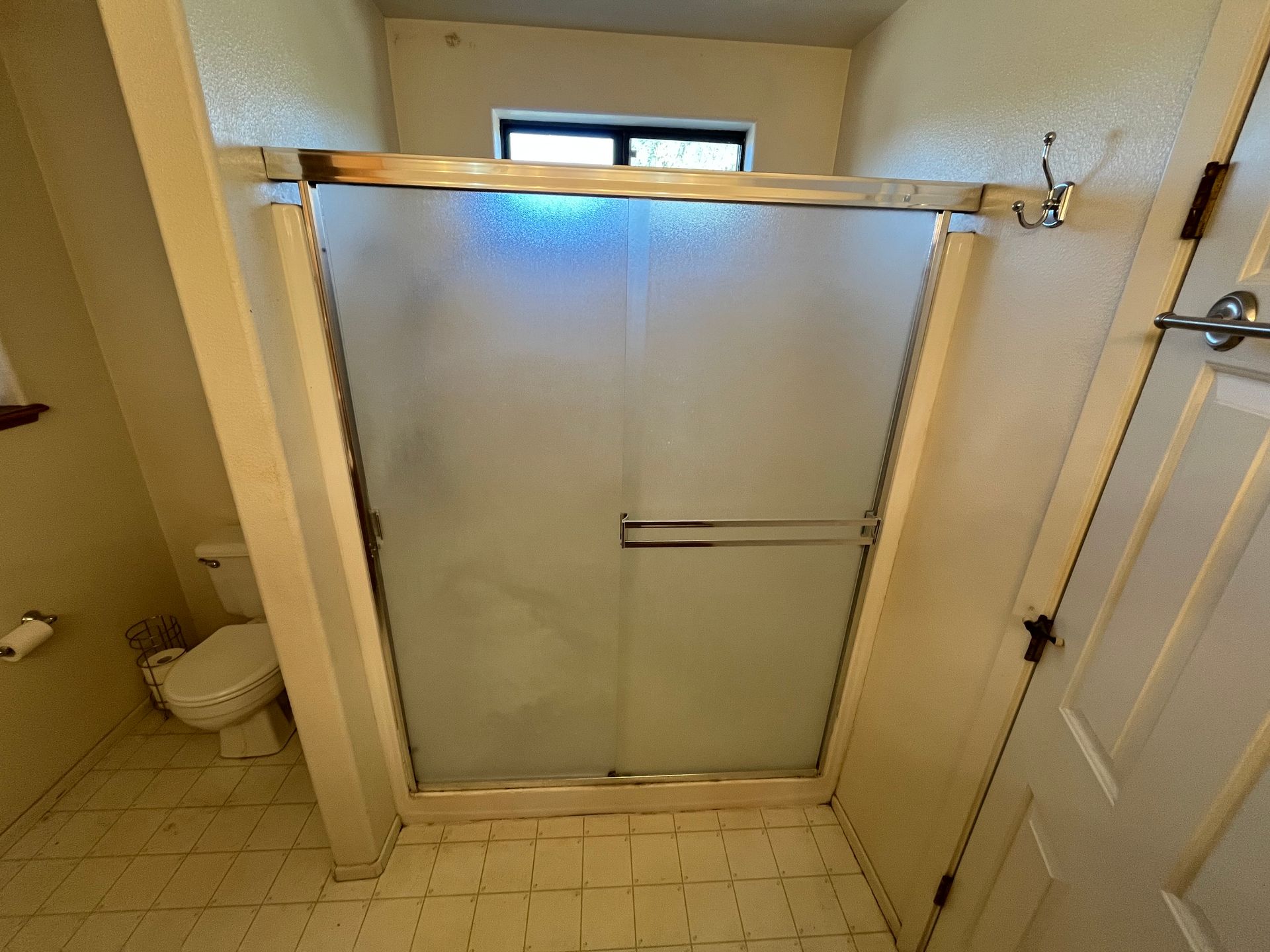 Bathroom with frosted glass shower doors, toilet, and closed white door.