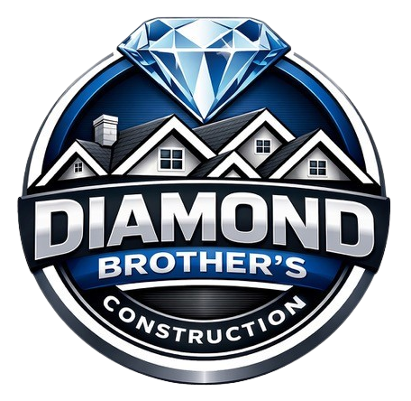 Diamond Brothers Construction logo: diamond above stylized houses, with text "Diamond Brother's Construction" on a blue and silver background.