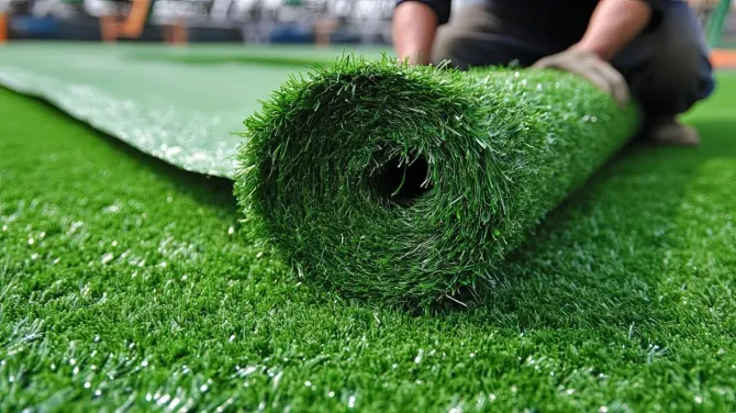 A person rolls out a strip of vibrant green artificial turf onto a prepared surface.