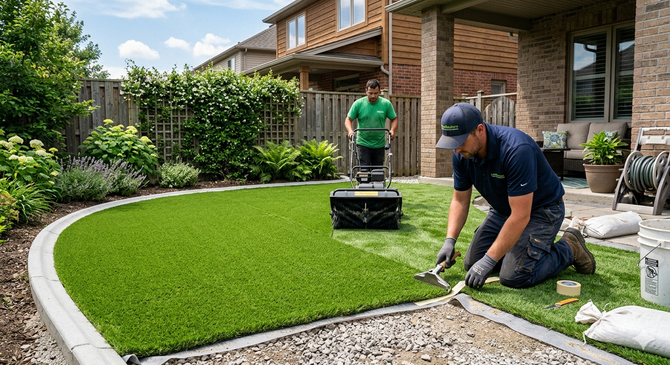 Two workers install artificial grass in a residential backyard, with one securing the turf edge near a stone border.