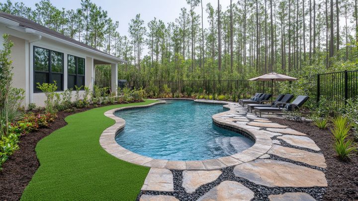 A free-form swimming pool with stone pavers and synthetic grass beside a house, surrounded by a dense forest.