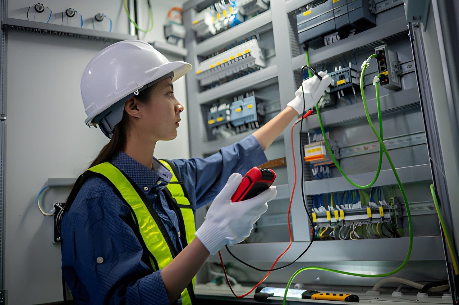 Technician testing electrical control panel with multimeter in a server/equipment room