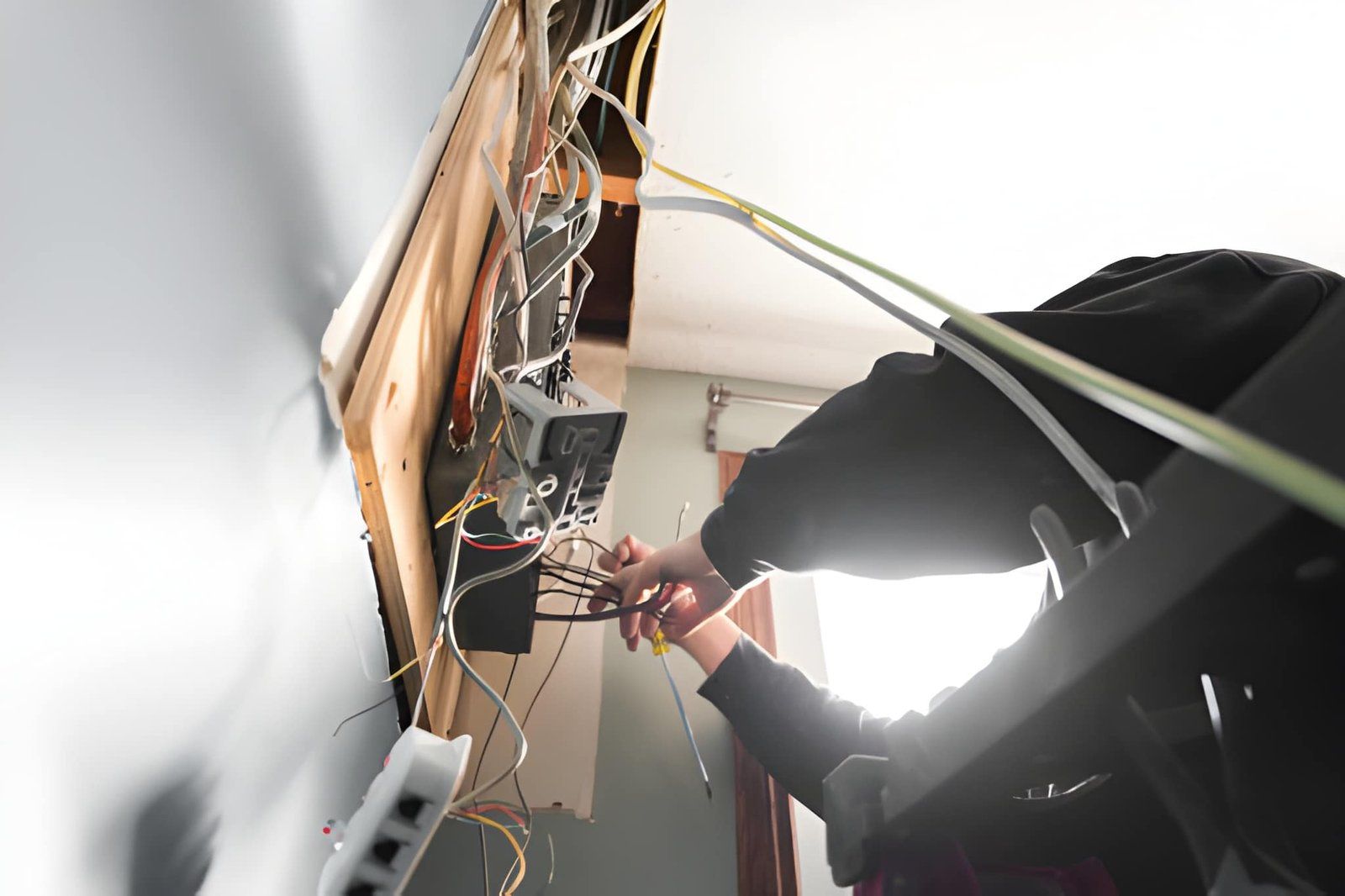 Technician wiring an open ceiling panel with exposed cables and tools in a bright room