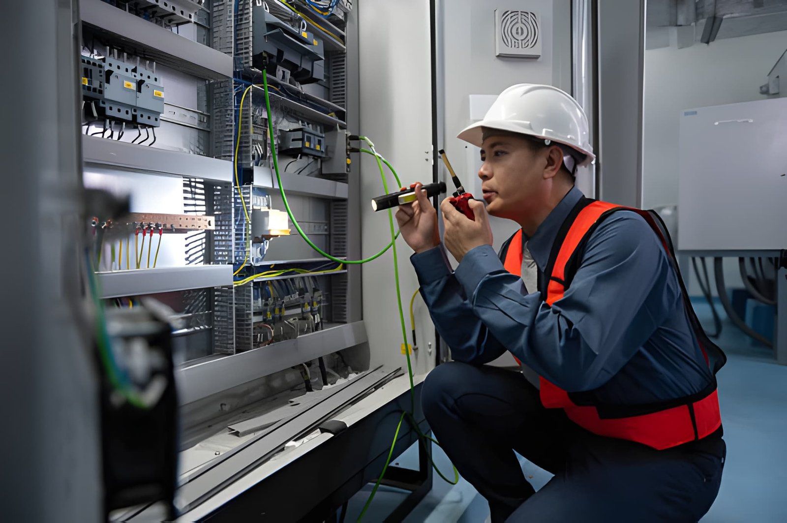 Technician in hard hat inspecting electrical control panel with a cable tester in a server room