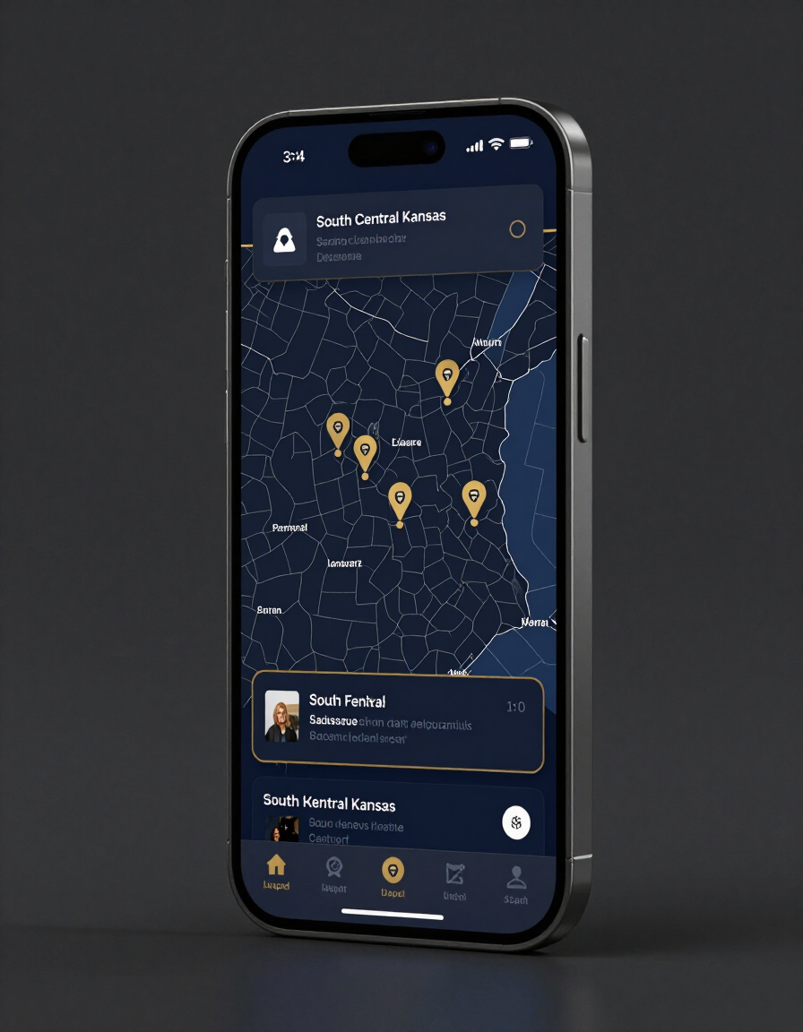 Smartphone displaying a dark map with location pins and a bottom navigation bar