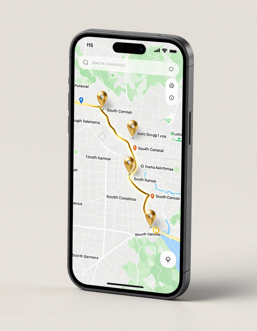 Smartphone showing a map route with multiple location pins and a highlighted path