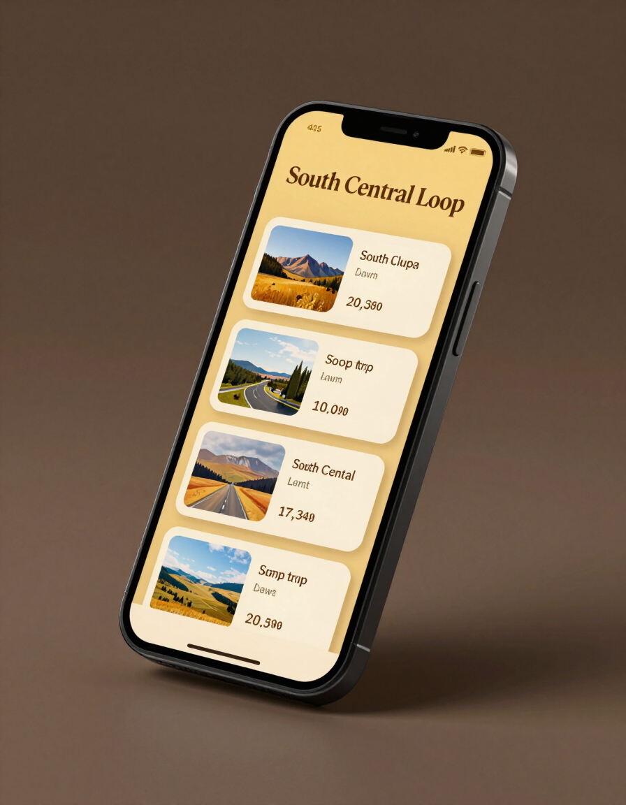 Smartphone displaying a South Central Loop travel app with route cards on a beige screen