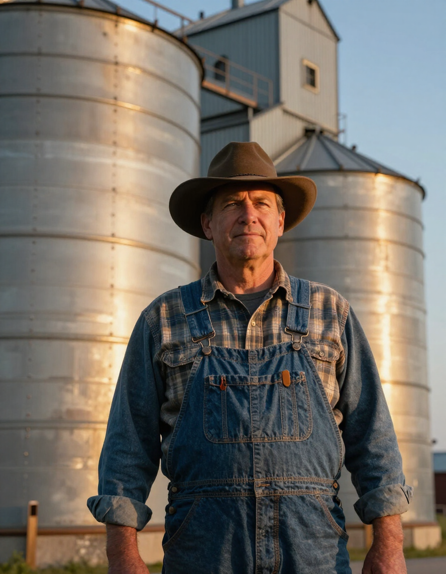 Farmer in denim overalls and hat standing before grain silos at sunset