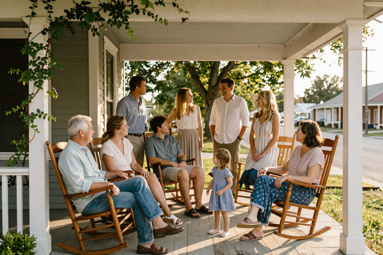 Group sitting on rocking chairs and stools on a porch, chatting in warm daylight with ivy and greenery around.
