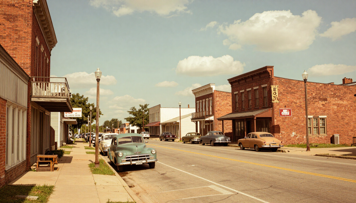 Quiet small-town street with brick storefronts, vintage cars, and a partly cloudy sky