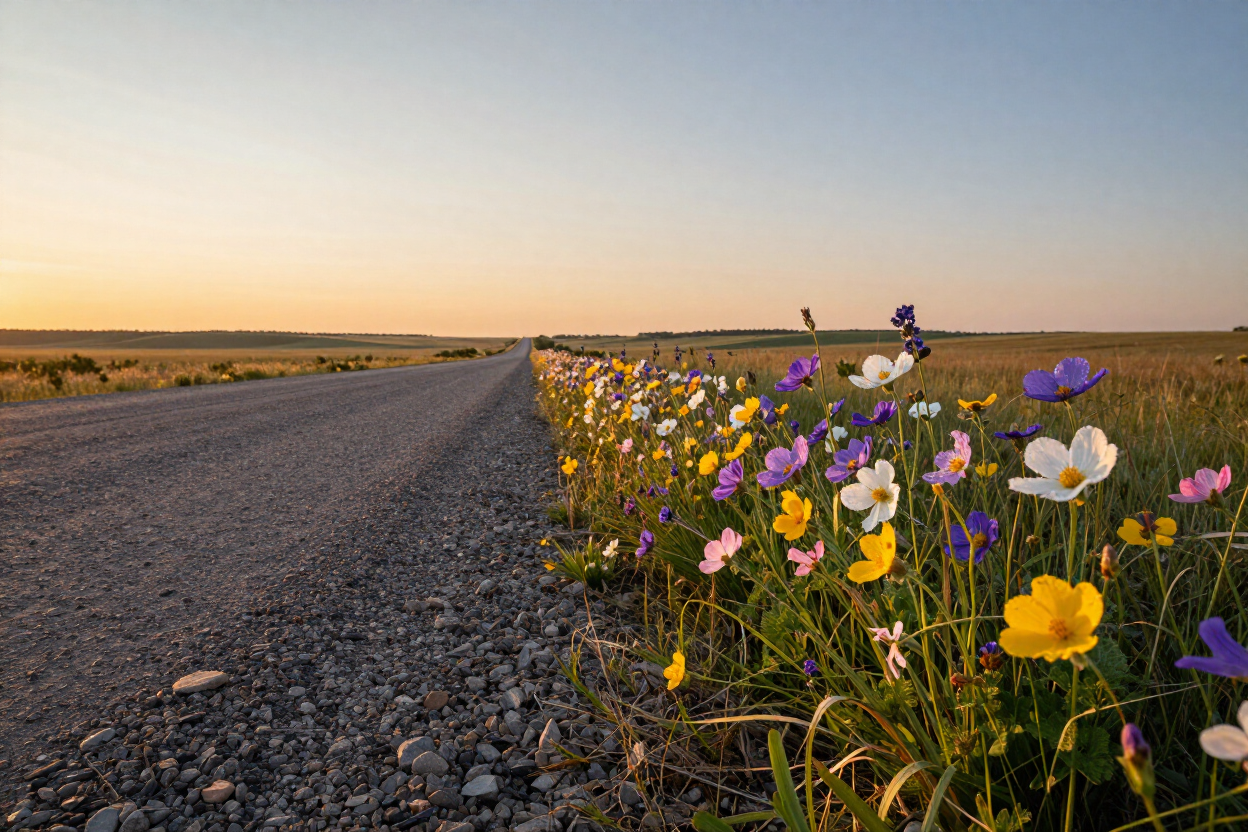 Gravel road beside a field of colorful wildflowers at sunrise under a clear sky