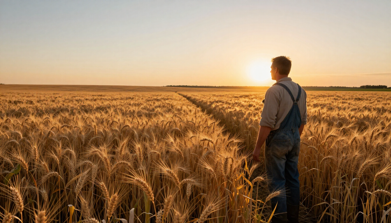 Person standing in a golden wheat field at sunset, looking toward the horizon