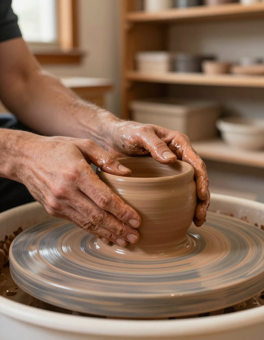 Hands shaping clay on a spinning pottery wheel in a studio