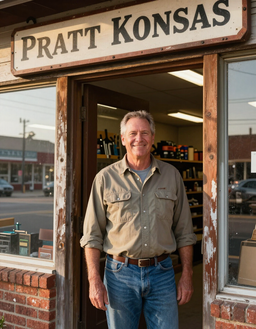Man standing in front of a storefront with a sign reading “Pratt Konsas.”