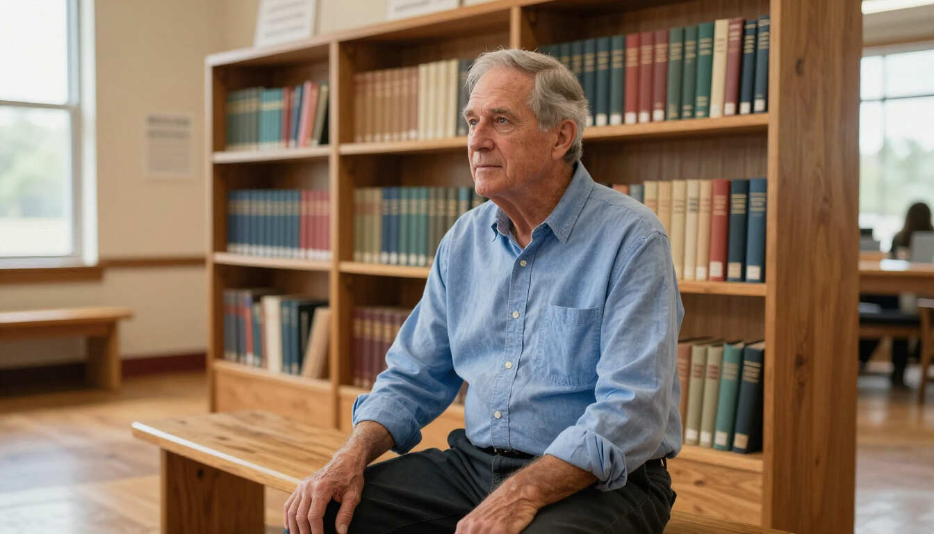 Man seated on a bench in a library, wearing a blue shirt, with bookshelves behind him.