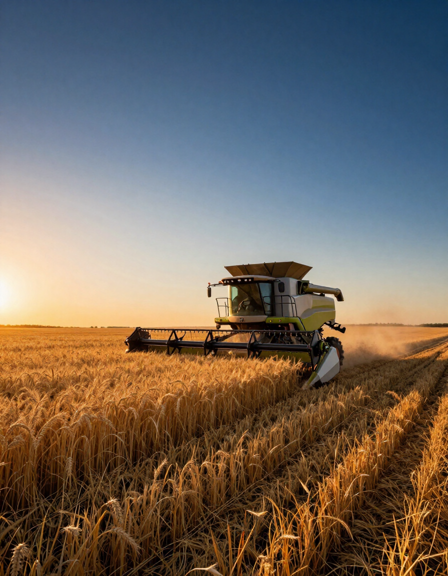 Combine harvester working in a golden wheat field at sunset under a clear blue sky