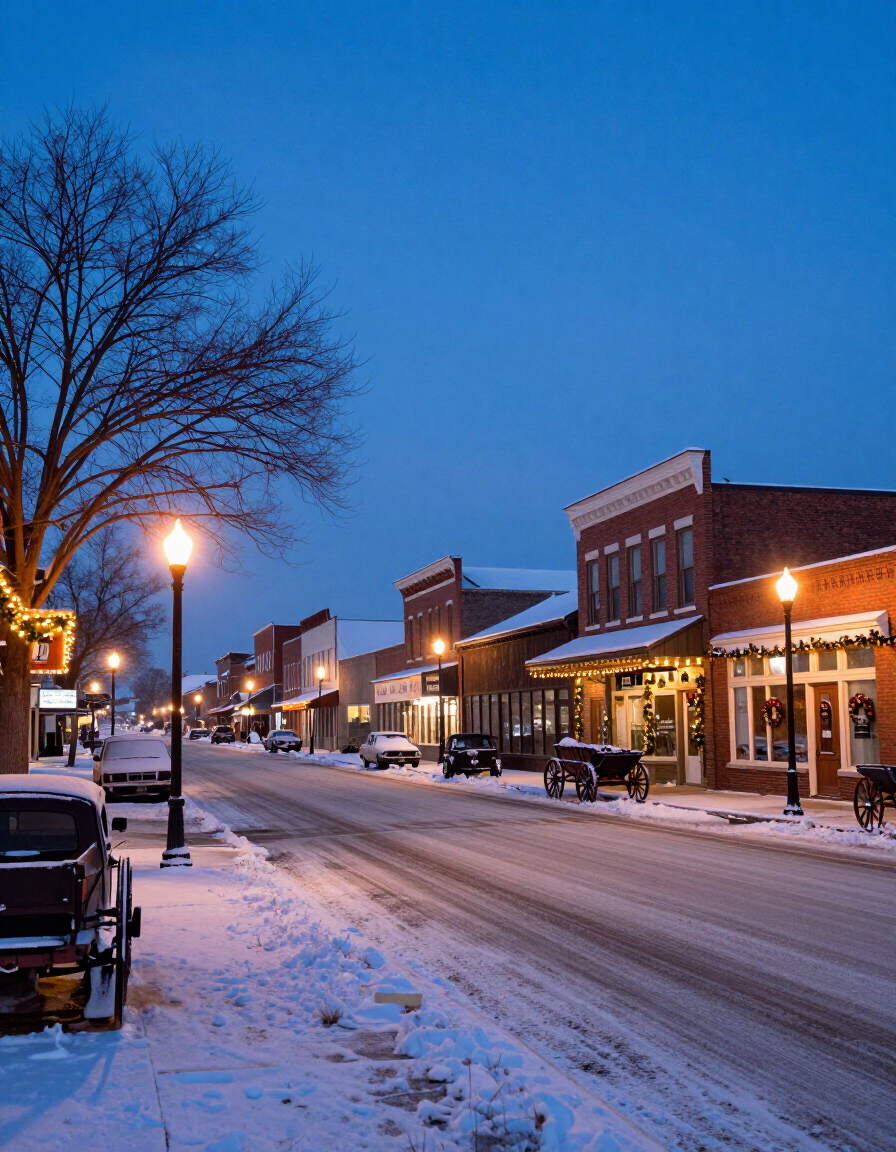 Snowy small-town main street at dusk with lit storefronts and parked cars