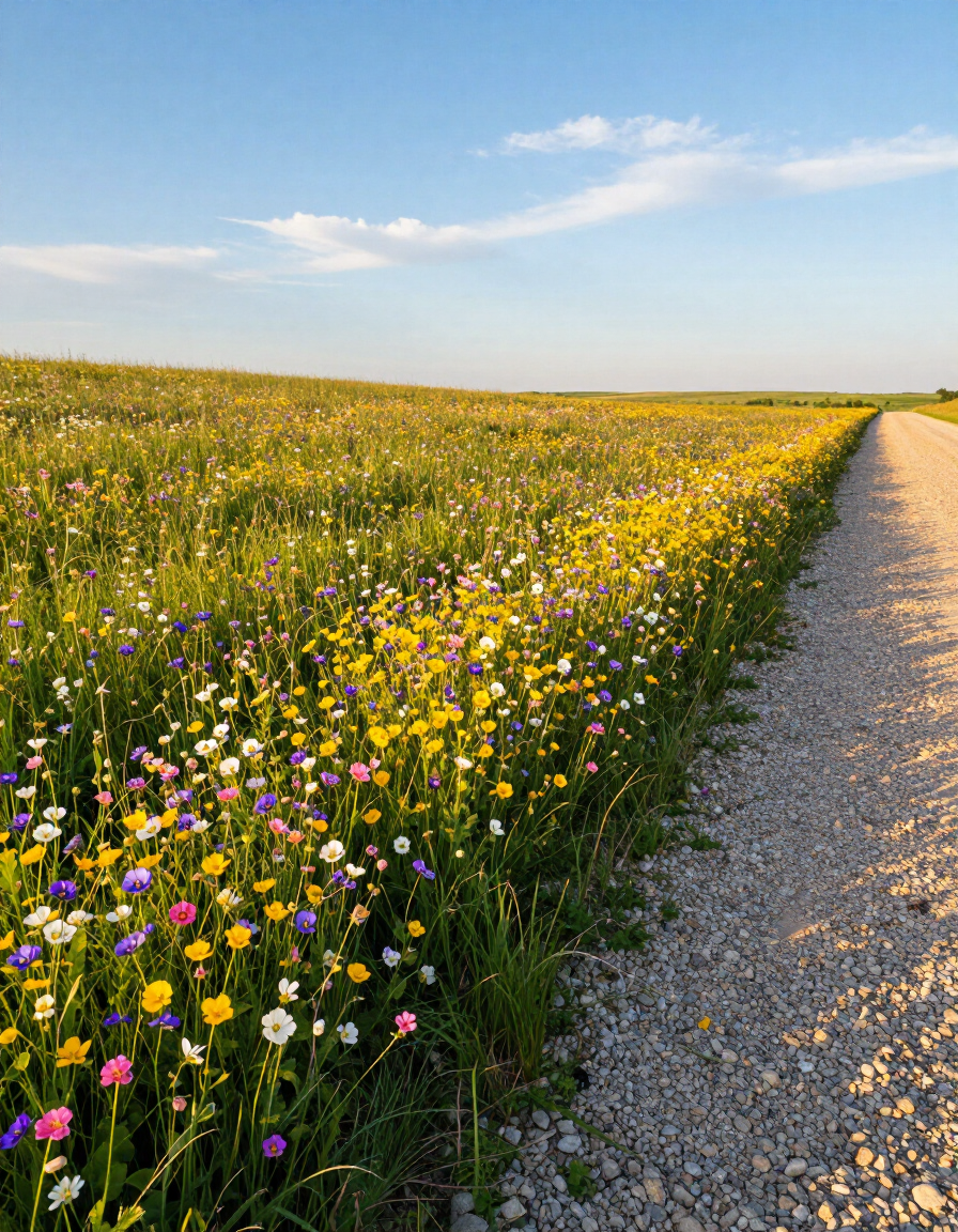 Wildflower meadow beside a gravel path under a blue sky