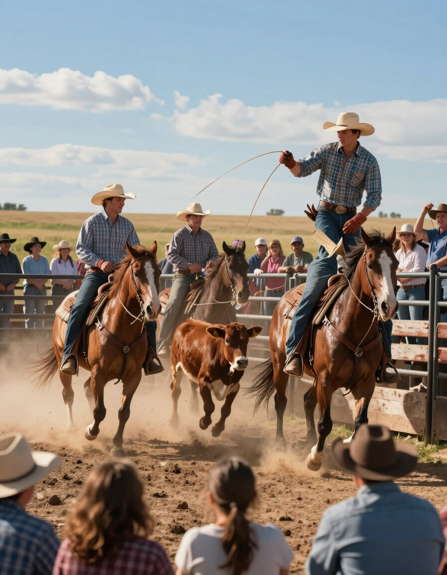 Cowboys on horseback roping a calf in a dusty rodeo arena, with spectators watching nearby.