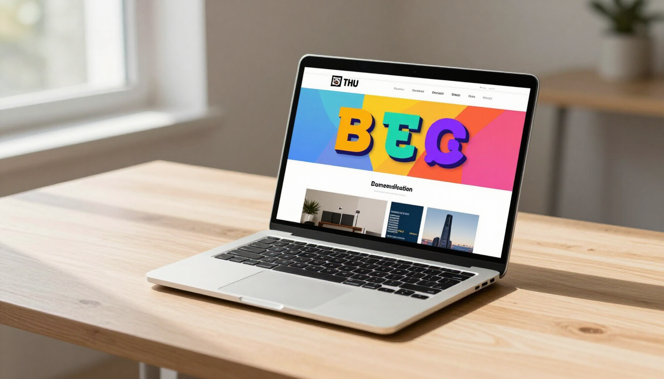 Laptop on a wooden desk displaying a colorful “BEG” website in a bright room.