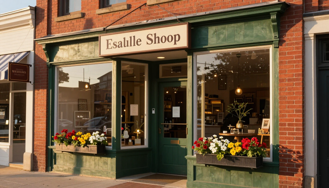 Storefront of “Estalle Shop” with green trim, flower boxes, and a brick facade on a sunny street.