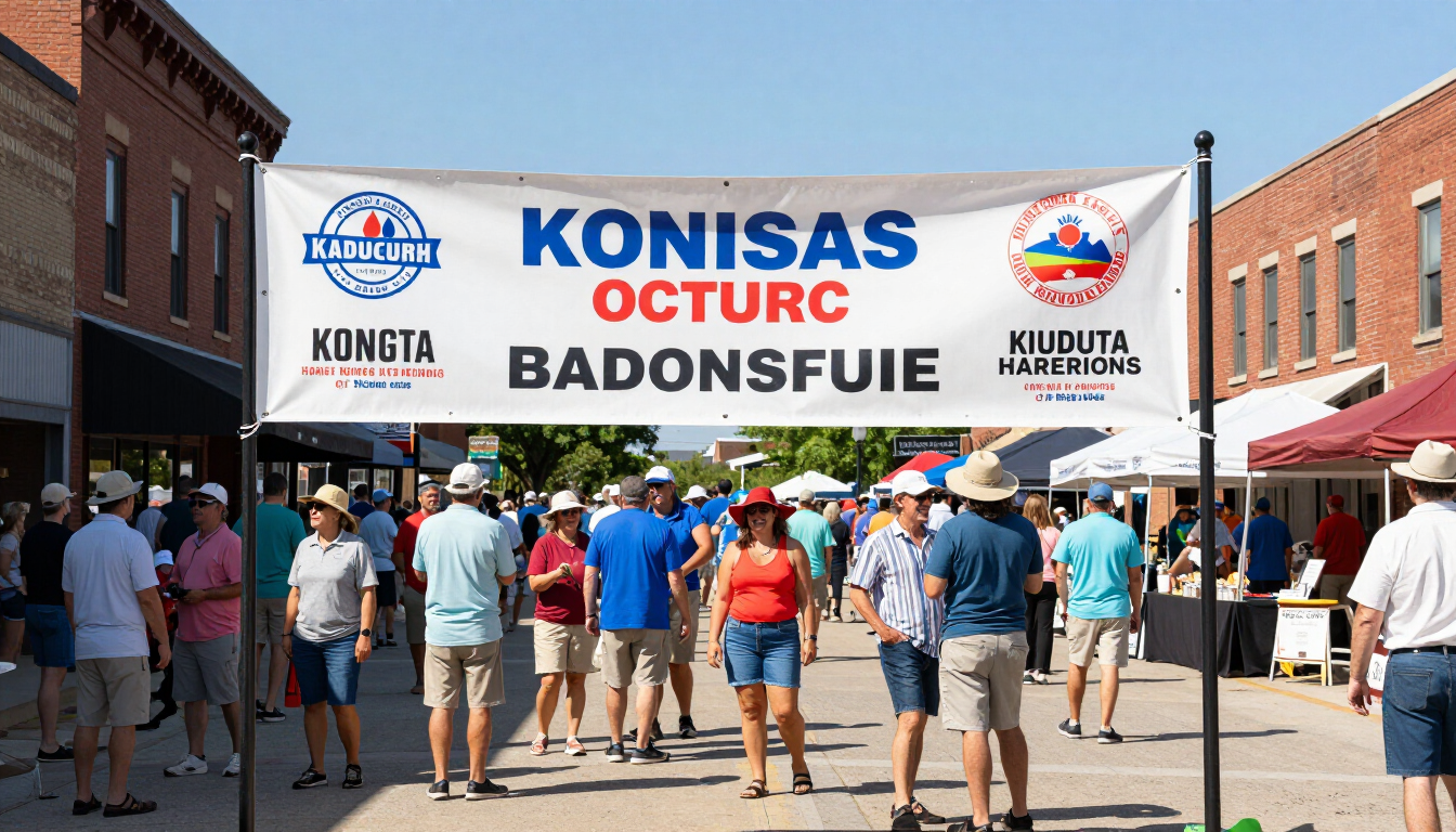 People gathered under a KONISAS OCTURC BADONSUFUE banner at an outdoor street fair.