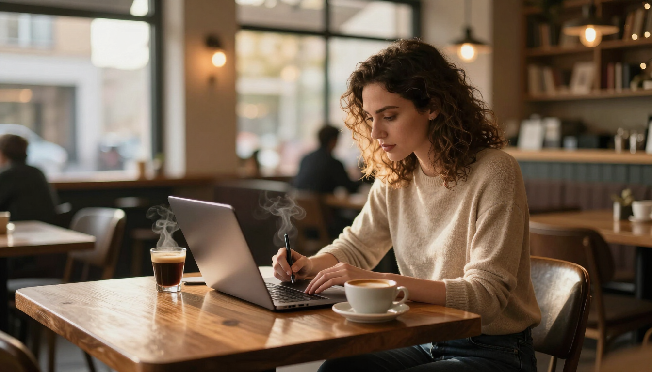 Person working on a laptop at a café table with a coffee cup nearby