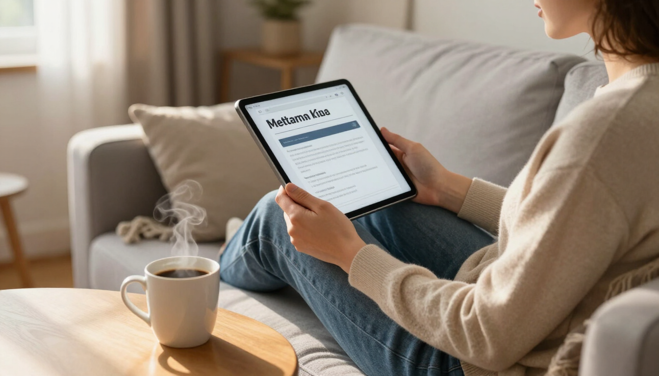 Person reading a tablet on a couch beside a coffee mug in a bright living room.