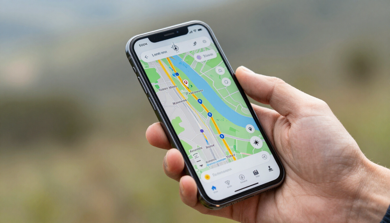 Hand holding a smartphone displaying a navigation map outdoors.