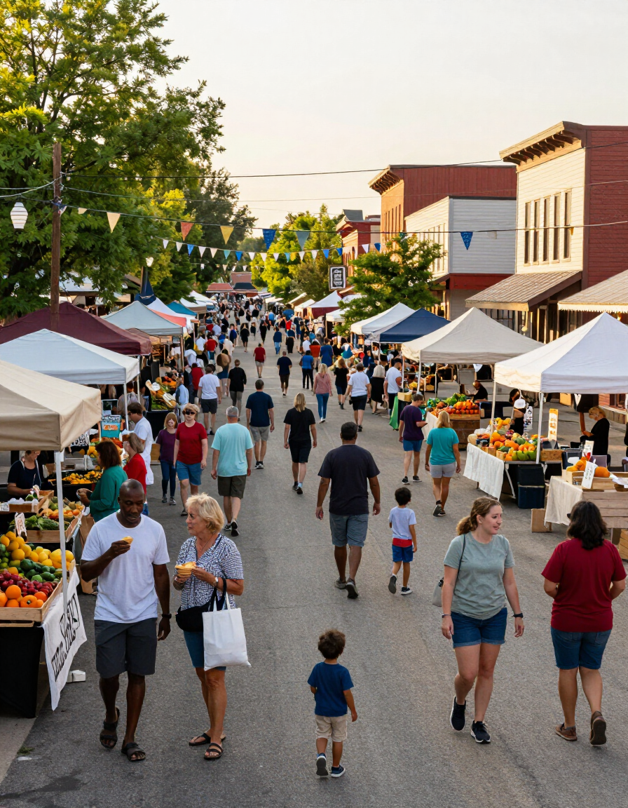 Crowded street festival with tents, shoppers, and families walking along a downtown block