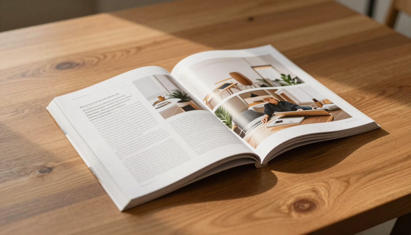 Open magazine on a wooden table with pages showing interior design photos and text