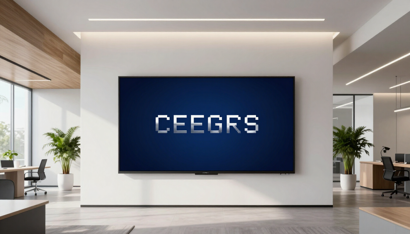 Modern office lobby with a wall-mounted blue screen displaying “CEEGRS”