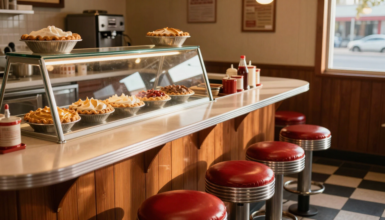 Retro diner counter with red stools and a glass pastry display filled with baked goods