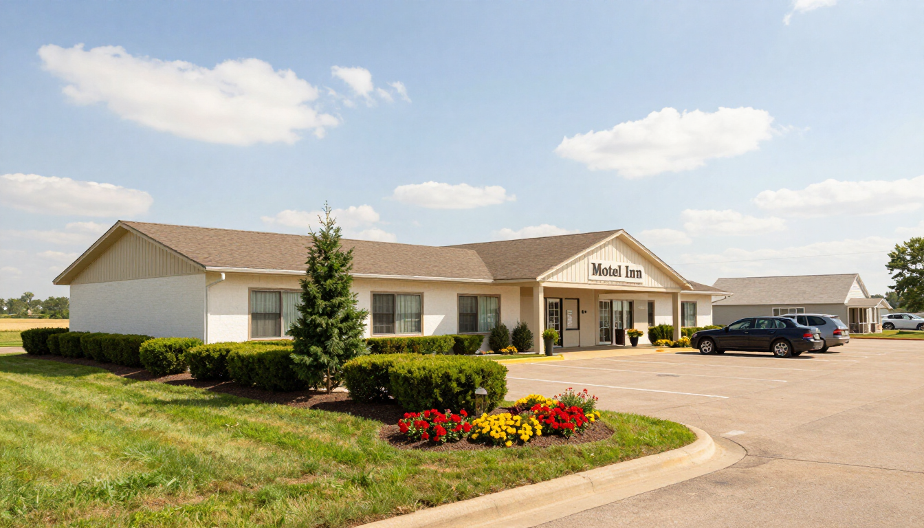 Single-story tan building with a parking lot, landscaped flowerbed, and a blue car under a partly cloudy sky
