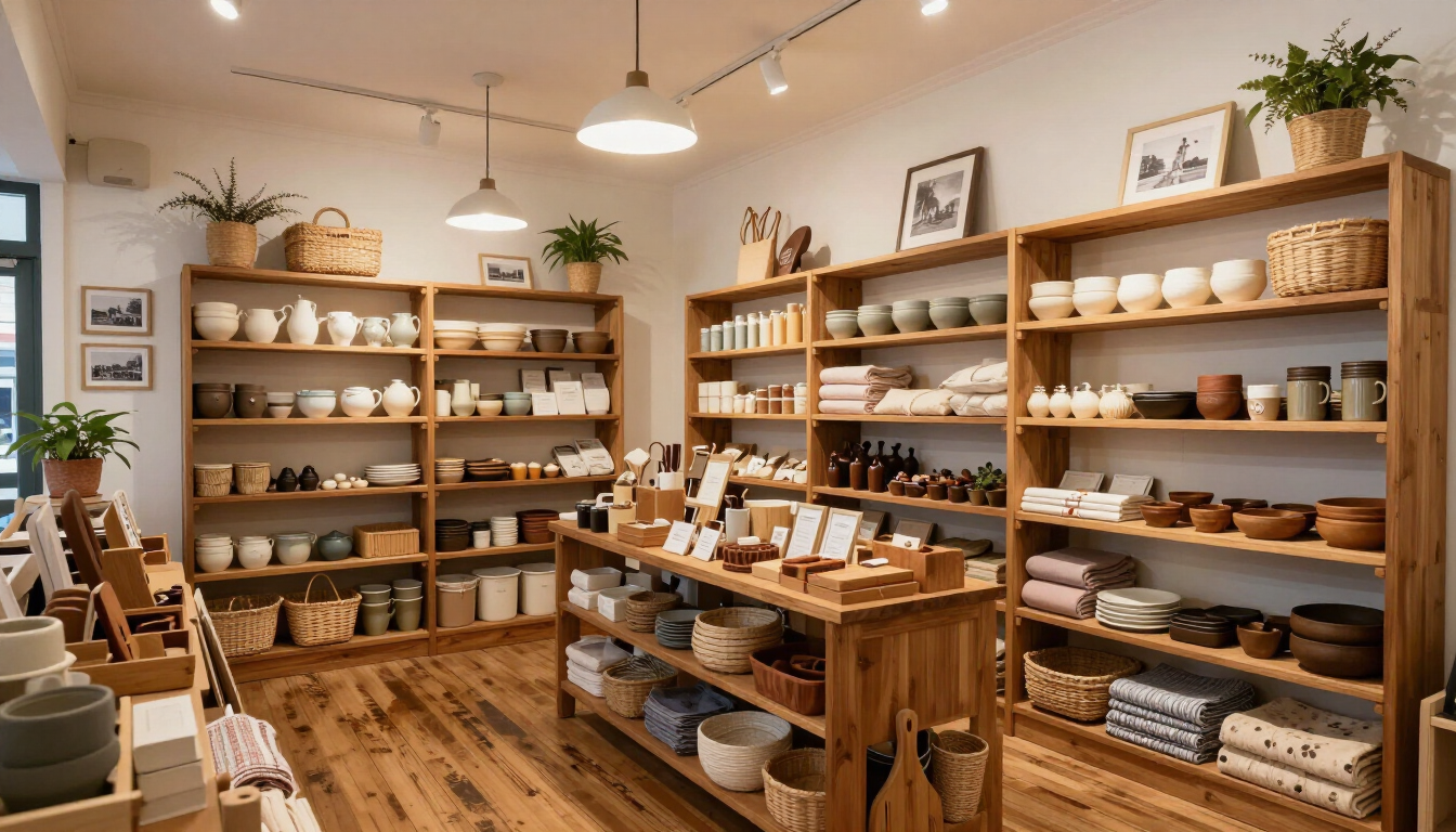 Warm wooden shop interior with shelves of ceramic bowls, mugs, and handmade pottery