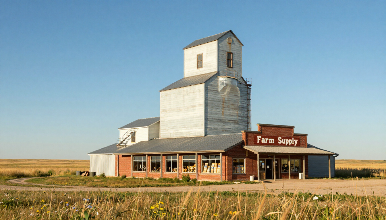 Rustic farm store with tall wooden grain elevator under a clear blue sky in open plains.